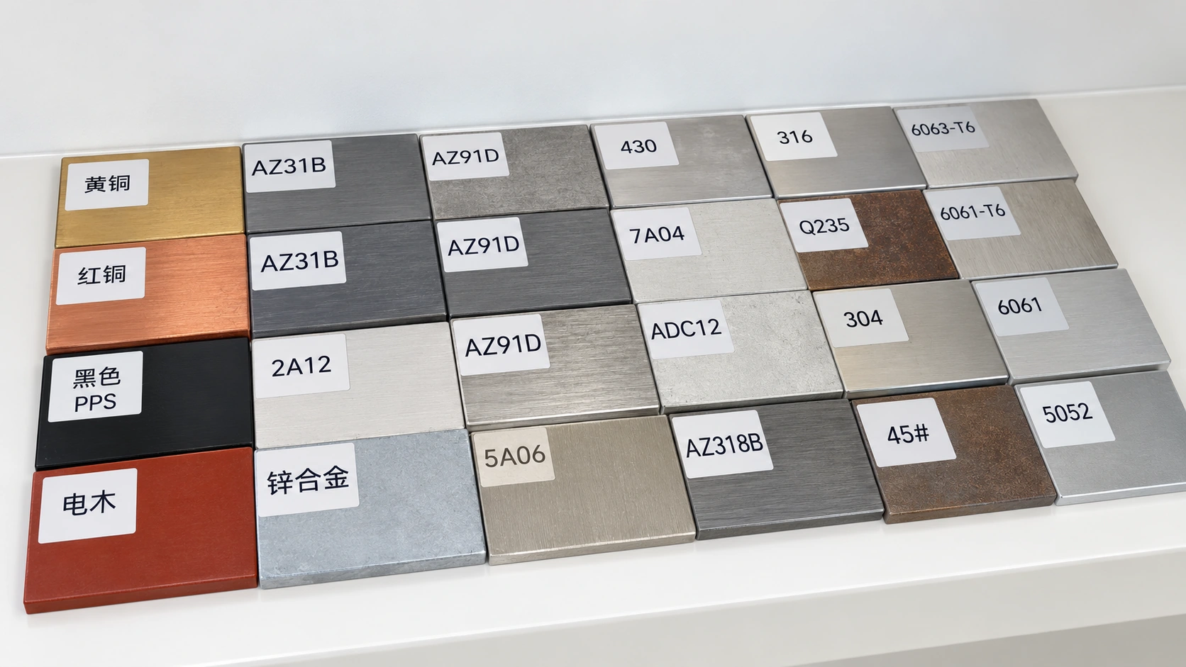 Metal sample board: aluminium, stainless steel, carbon steel, copper, magnesium and zinc alloys